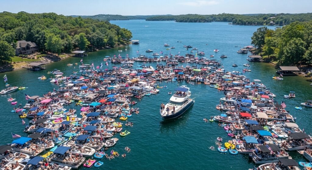 Yacht finding an anchoring spot among crowded boats in Party Cove on Lake of the Ozarks