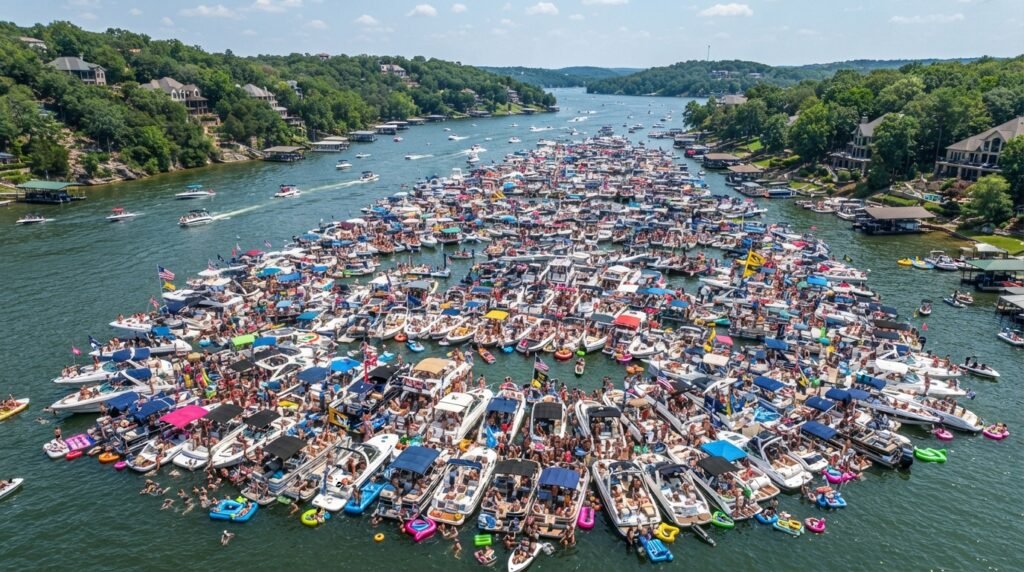 aerial view of party cove missouri boat gatherings with hundreds of rafted boats
