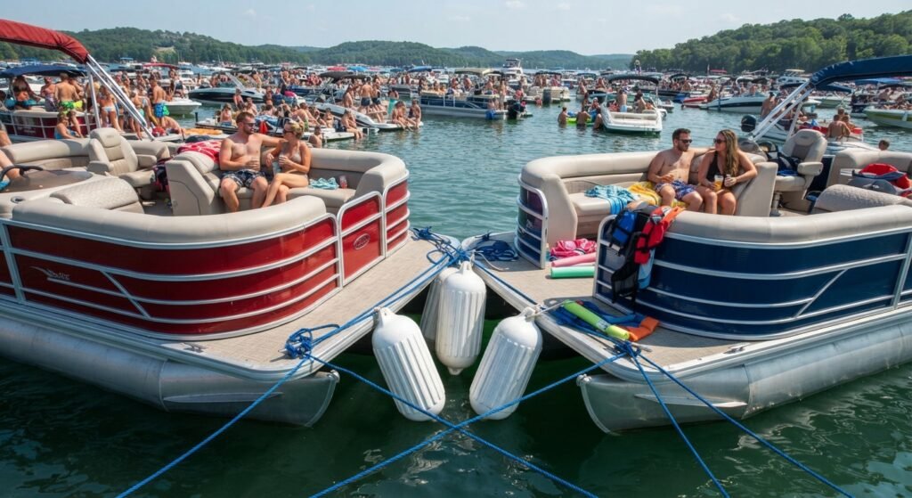 boats tied together safely in a raft up at party cove
