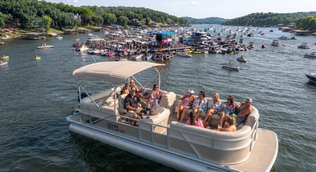 charter captain positioning boat safely near party cove raft up