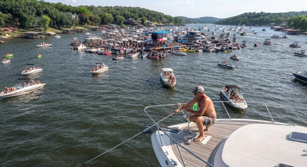 checking anchor line before settling near party cove raft up