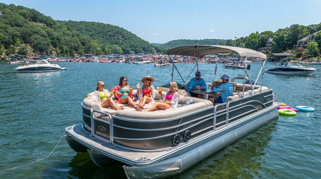 friends enjoying a pontoon rental at party cove lake of the ozarks
