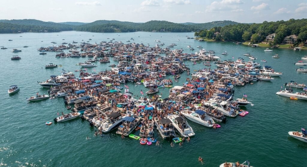 large group raft up anchored safely at party cove lake of the ozarks