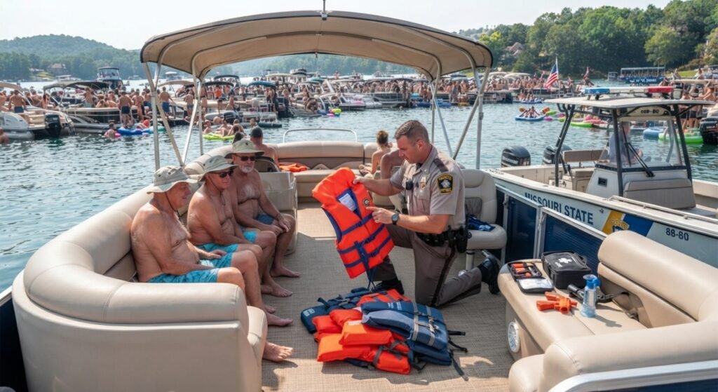 officer conducting safety check on a boat at party cove