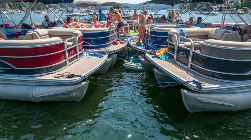pontoons and tritoons rafted together at party cove for a boat gathering