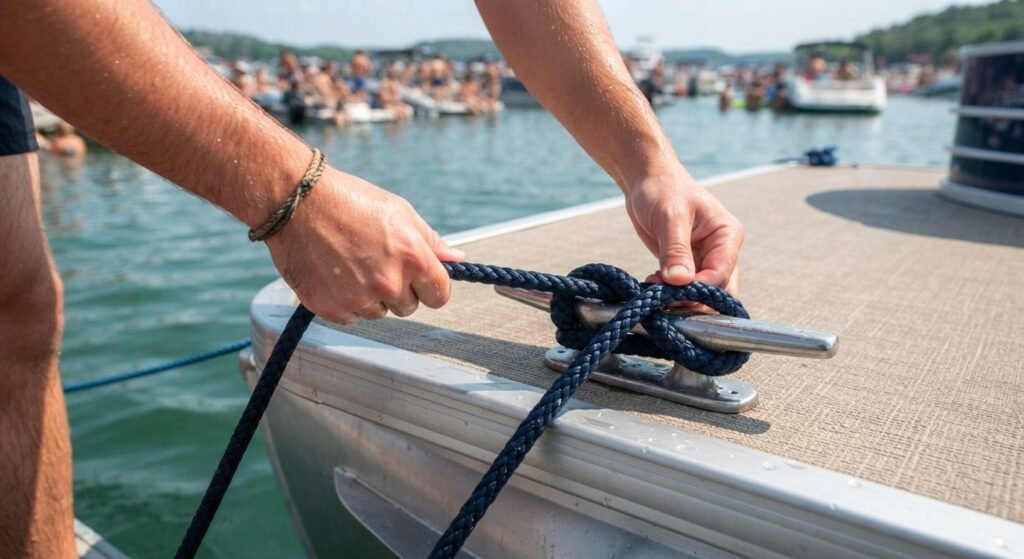 securing a dock line while tying up safely at party cove