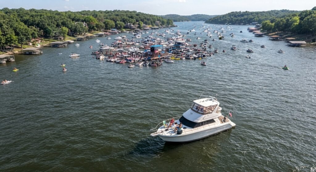 yacht anchored at a safe distance from the main raft up in party cove